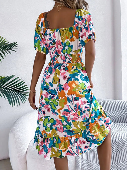 Ruffled Hem Smocked Floral Short Sleeve Midi Dress - adritiX