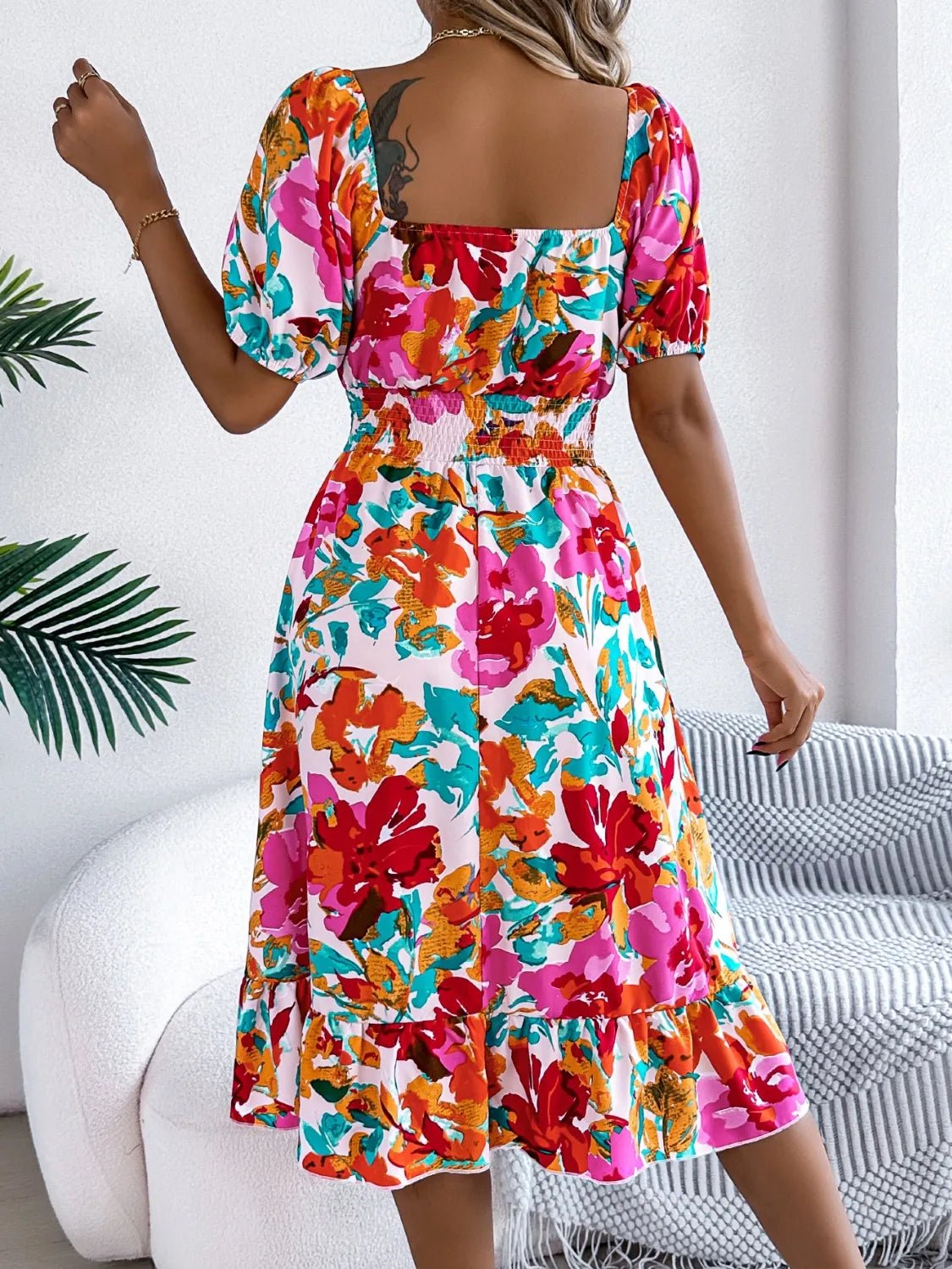 Ruffled Hem Smocked Floral Short Sleeve Midi Dress - adritiX