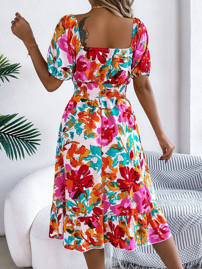 Ruffled Hem Smocked Floral Short Sleeve Midi Dress - adritiX