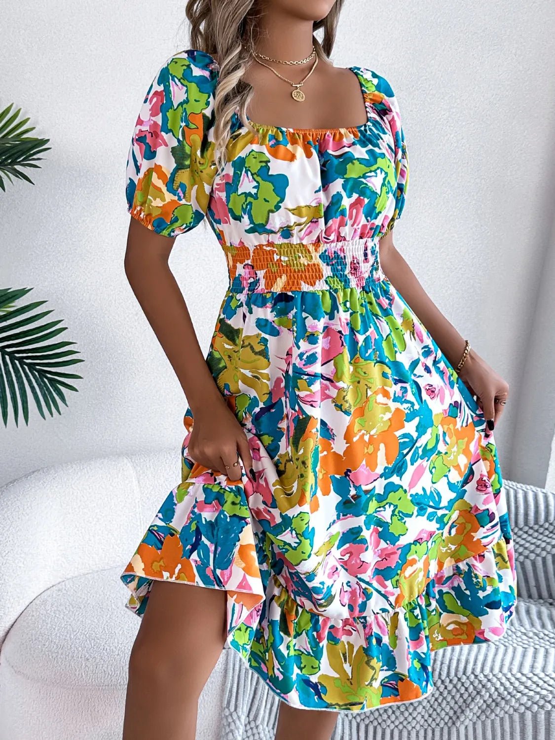 Ruffled Hem Smocked Floral Short Sleeve Midi Dress - adritiX