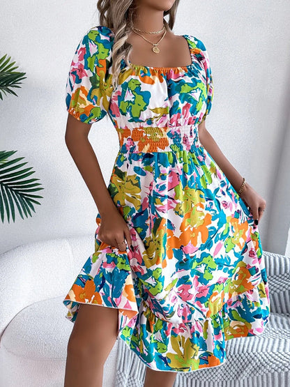 Ruffled Hem Smocked Floral Short Sleeve Midi Dress - adritiX