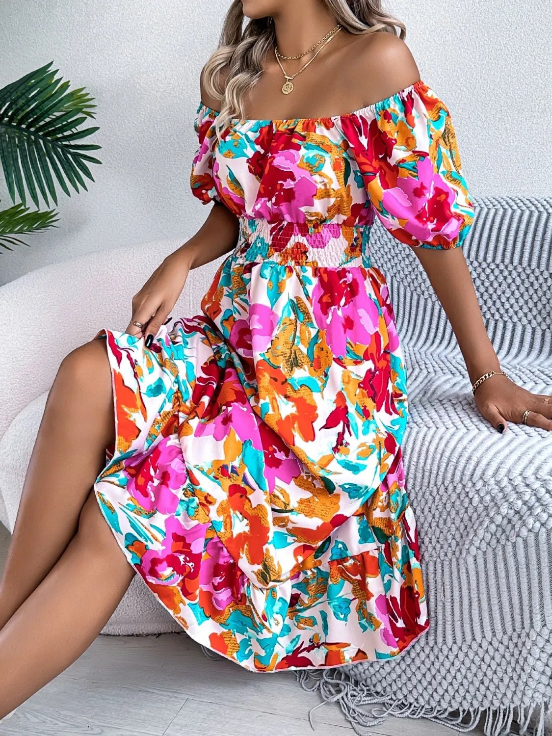 Ruffled Hem Smocked Floral Short Sleeve Midi Dress - adritiX