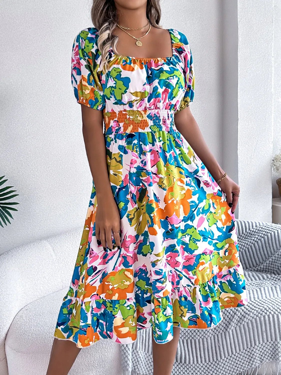 Ruffled Hem Smocked Floral Short Sleeve Midi Dress - adritiX
