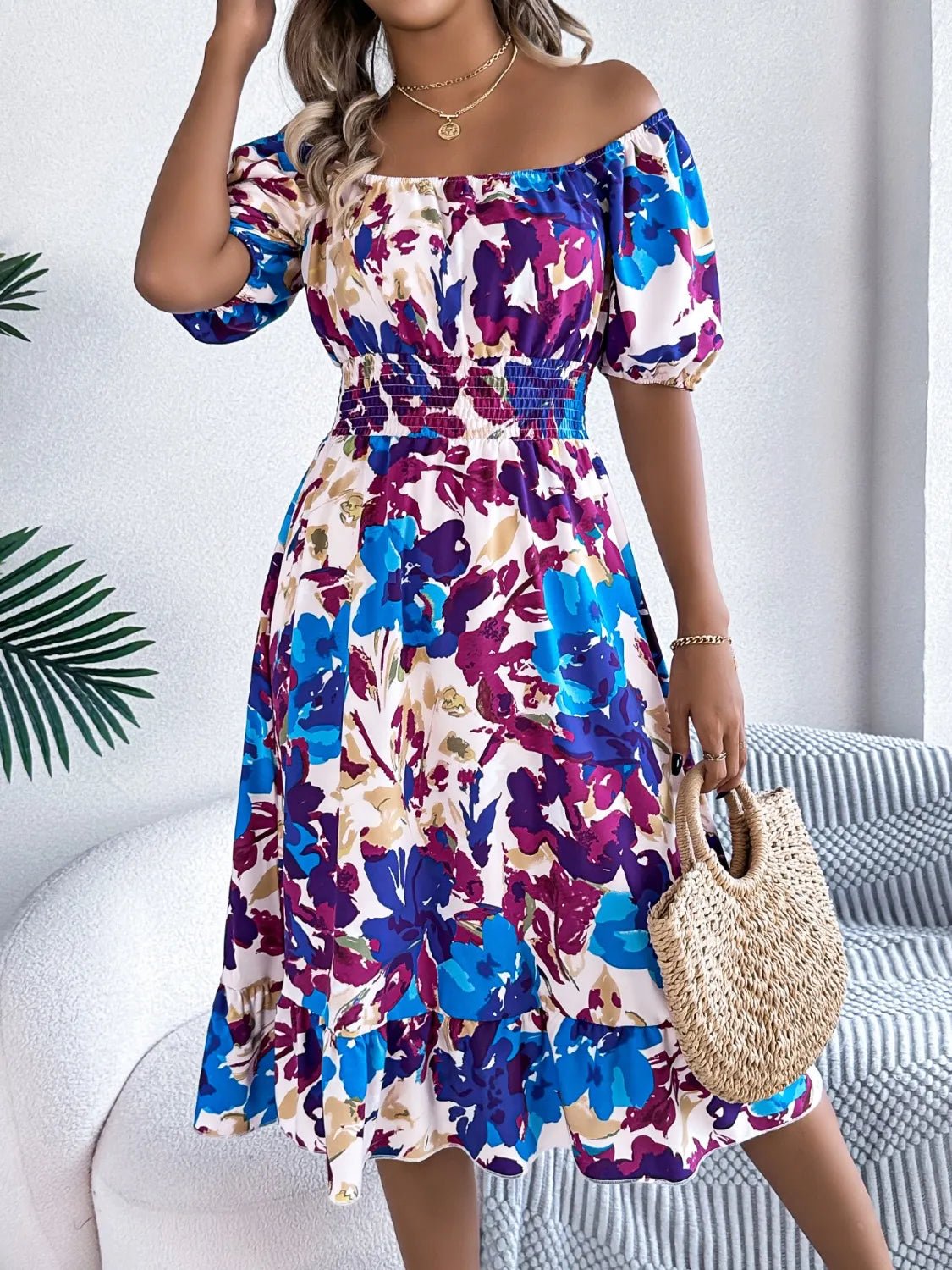 Ruffled Hem Smocked Floral Short Sleeve Midi Dress - adritiX