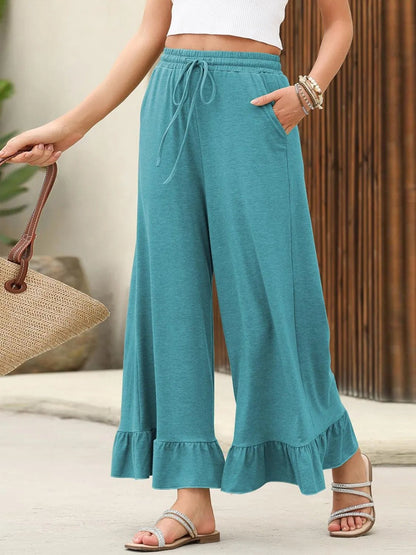 Ruffled Hem Wide Leg Pants - Flowy, Trendy Design for Effortless Style - adritiX