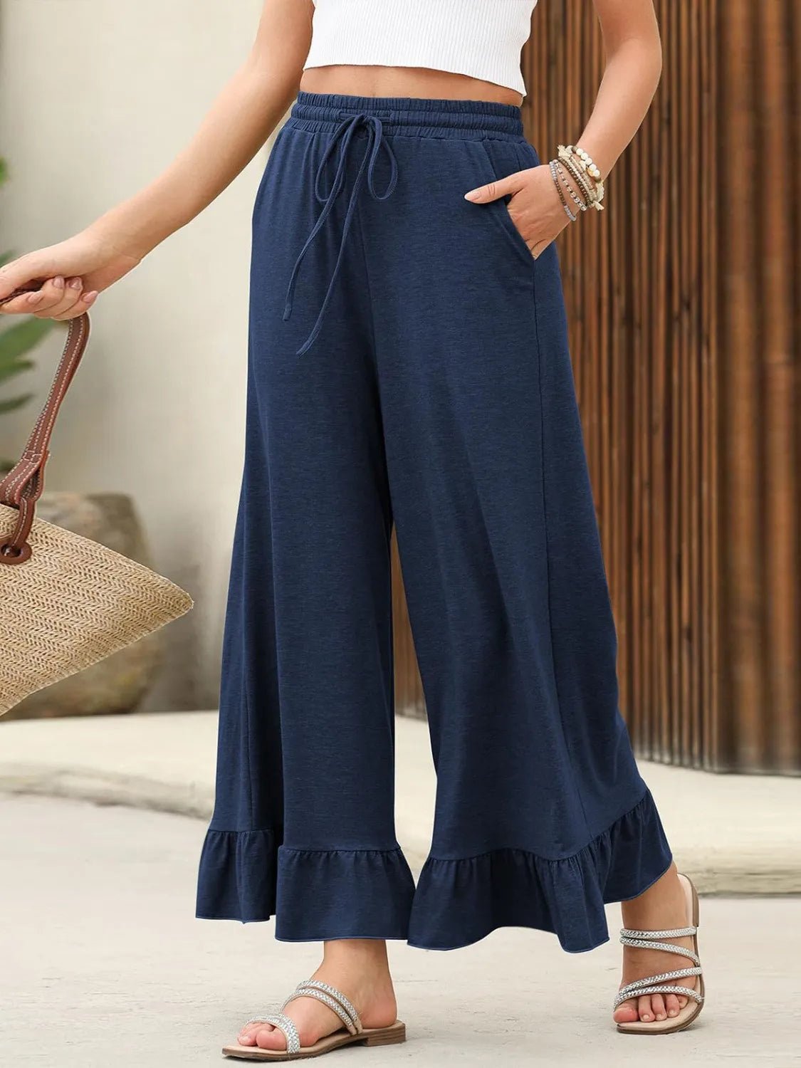 Ruffled Hem Wide Leg Pants - Flowy, Trendy Design for Effortless Style - adritiX