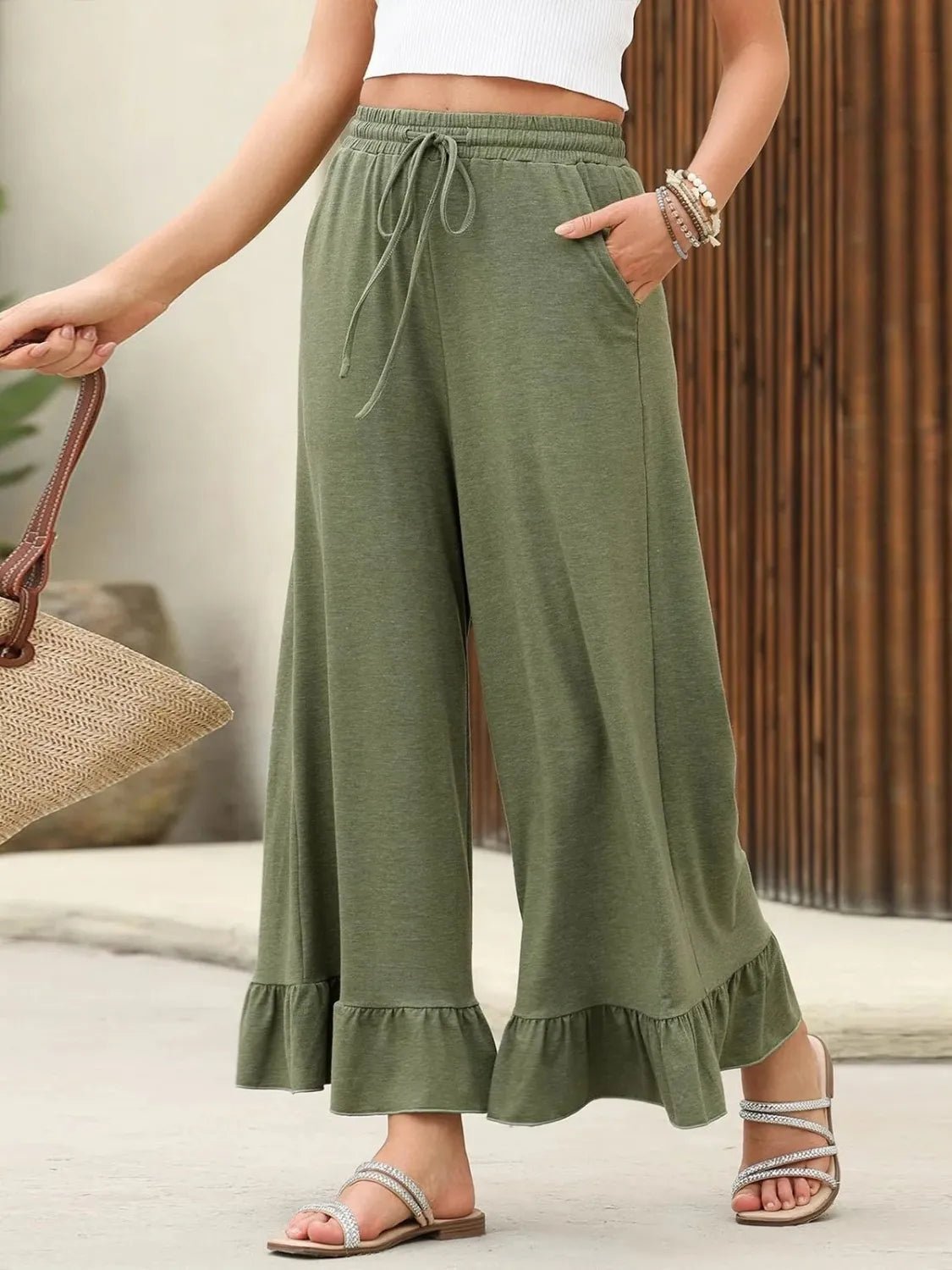 Ruffled Hem Wide Leg Pants - Flowy, Trendy Design for Effortless Style - adritiX