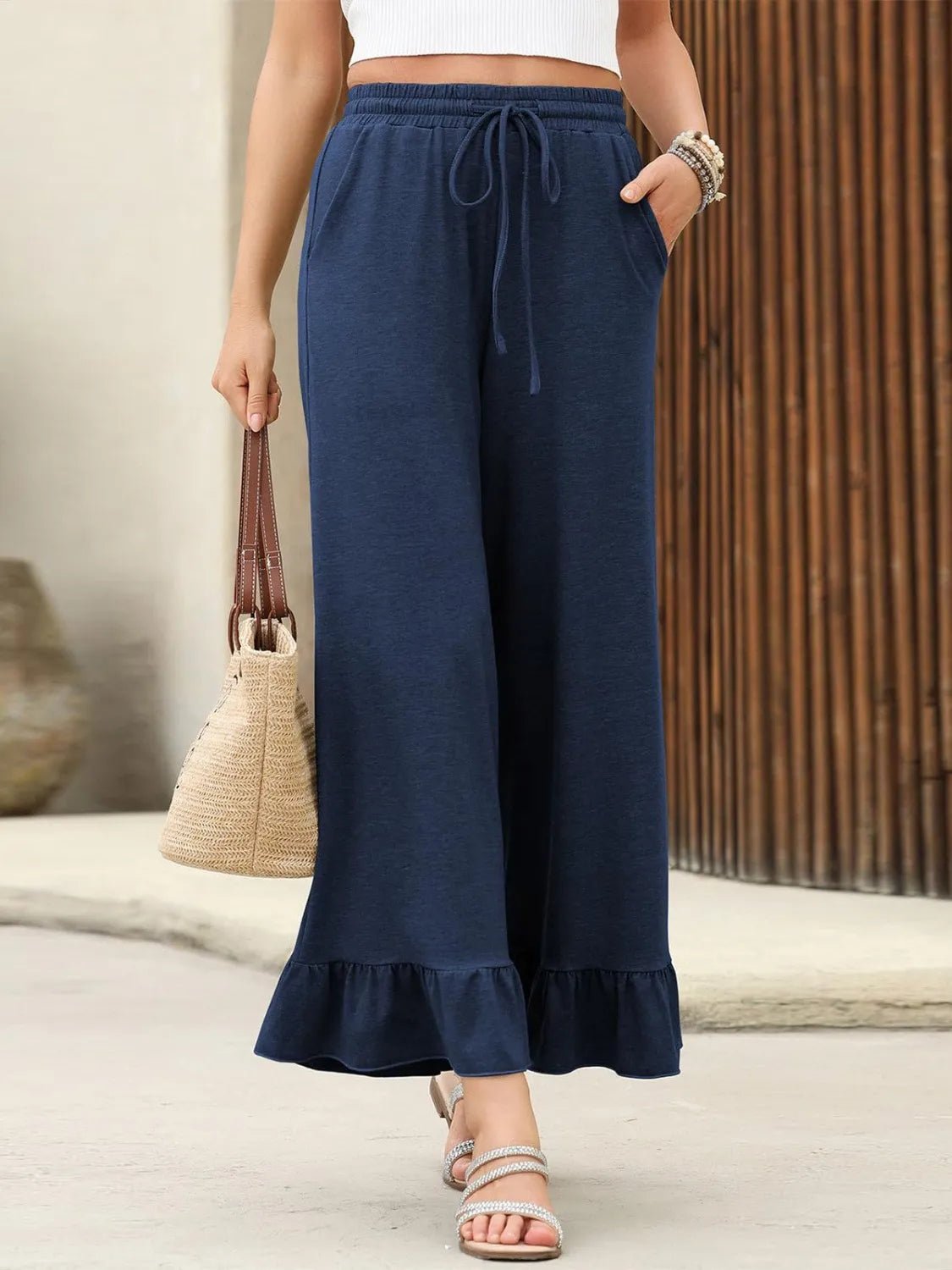 Ruffled Hem Wide Leg Pants - Flowy, Trendy Design for Effortless Style - adritiX