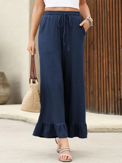 Ruffled Hem Wide Leg Pants - Flowy, Trendy Design for Effortless Style - adritiX