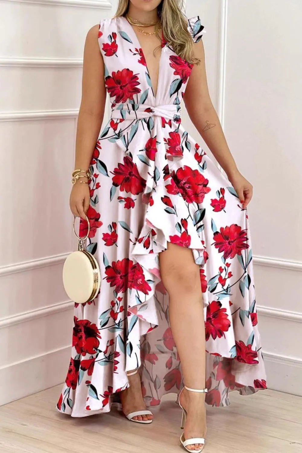 Ruffled Plunge Sleeveless Maxi Dress - adritiX