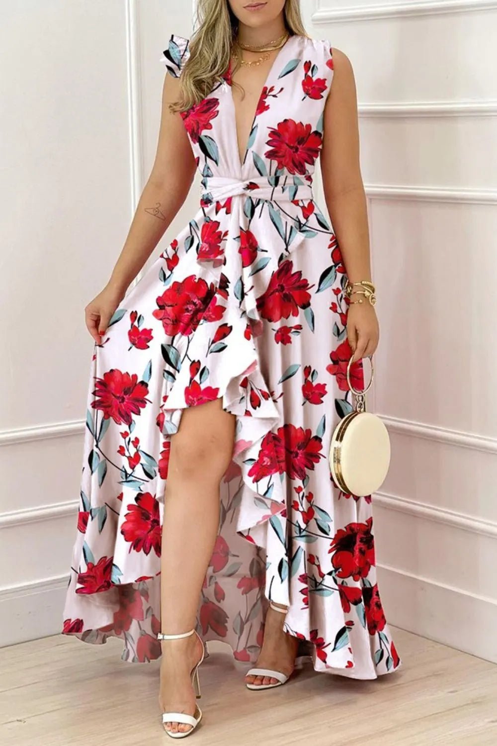 Ruffled Plunge Sleeveless Maxi Dress - adritiX