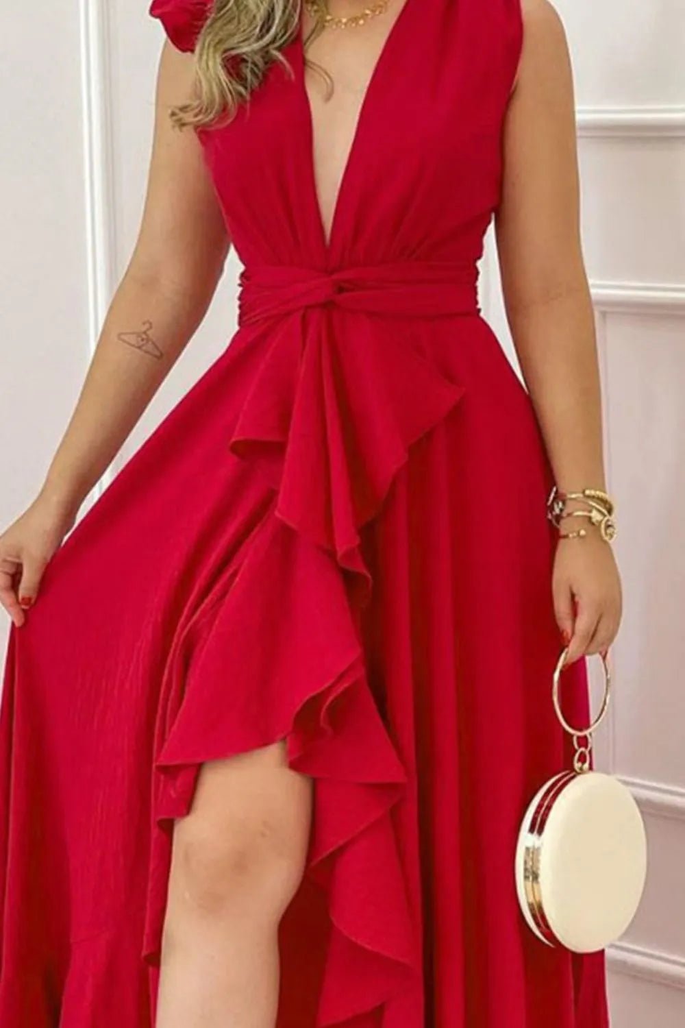 Ruffled Plunge Sleeveless Maxi Dress - adritiX