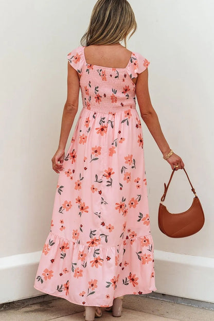 Ruffled Smocked Cap Sleeve Printed Maxi Dress - adritiX