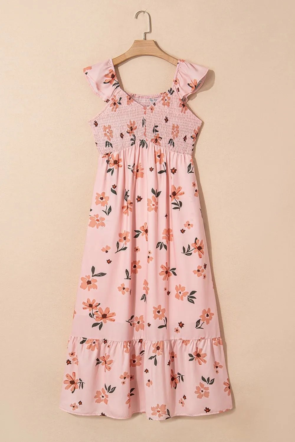 Ruffled Smocked Cap Sleeve Printed Maxi Dress - adritiX