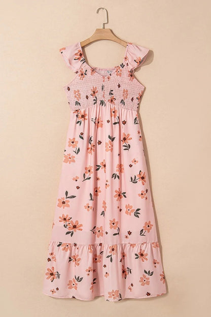 Ruffled Smocked Cap Sleeve Printed Maxi Dress - adritiX