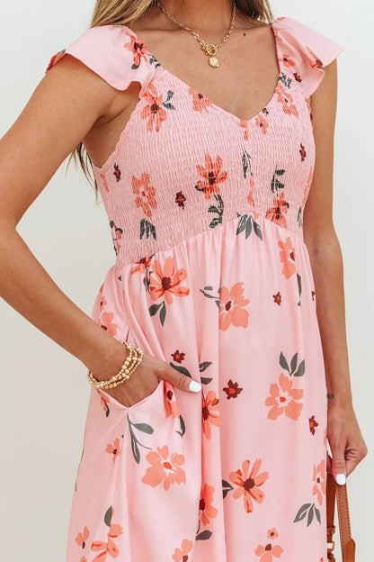 Ruffled Smocked Cap Sleeve Printed Maxi Dress - adritiX