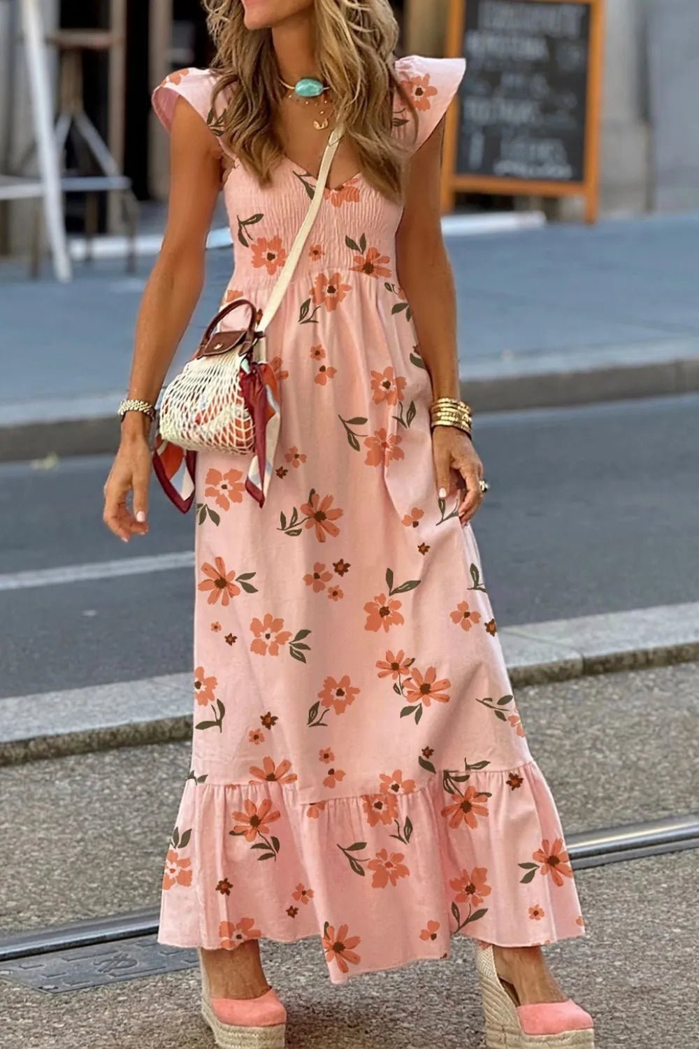 Ruffled Smocked Cap Sleeve Printed Maxi Dress - adritiX