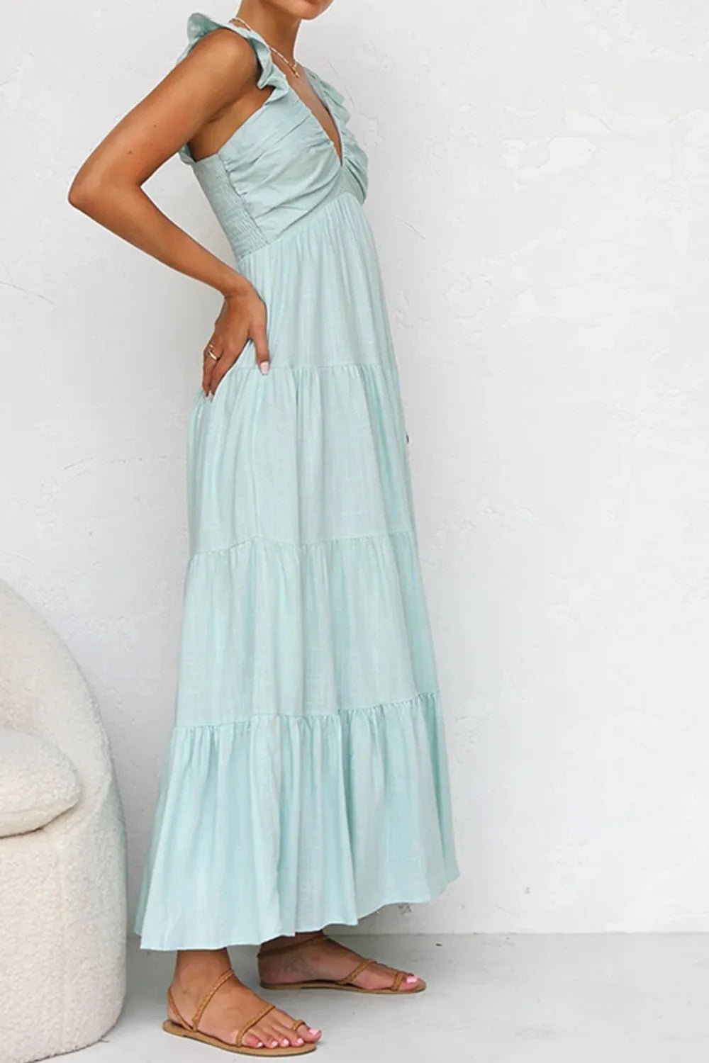 Ruffled V - Neck Tiered Dress - adritiX