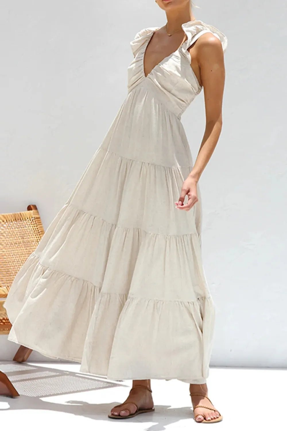 Ruffled V - Neck Tiered Dress - adritiX