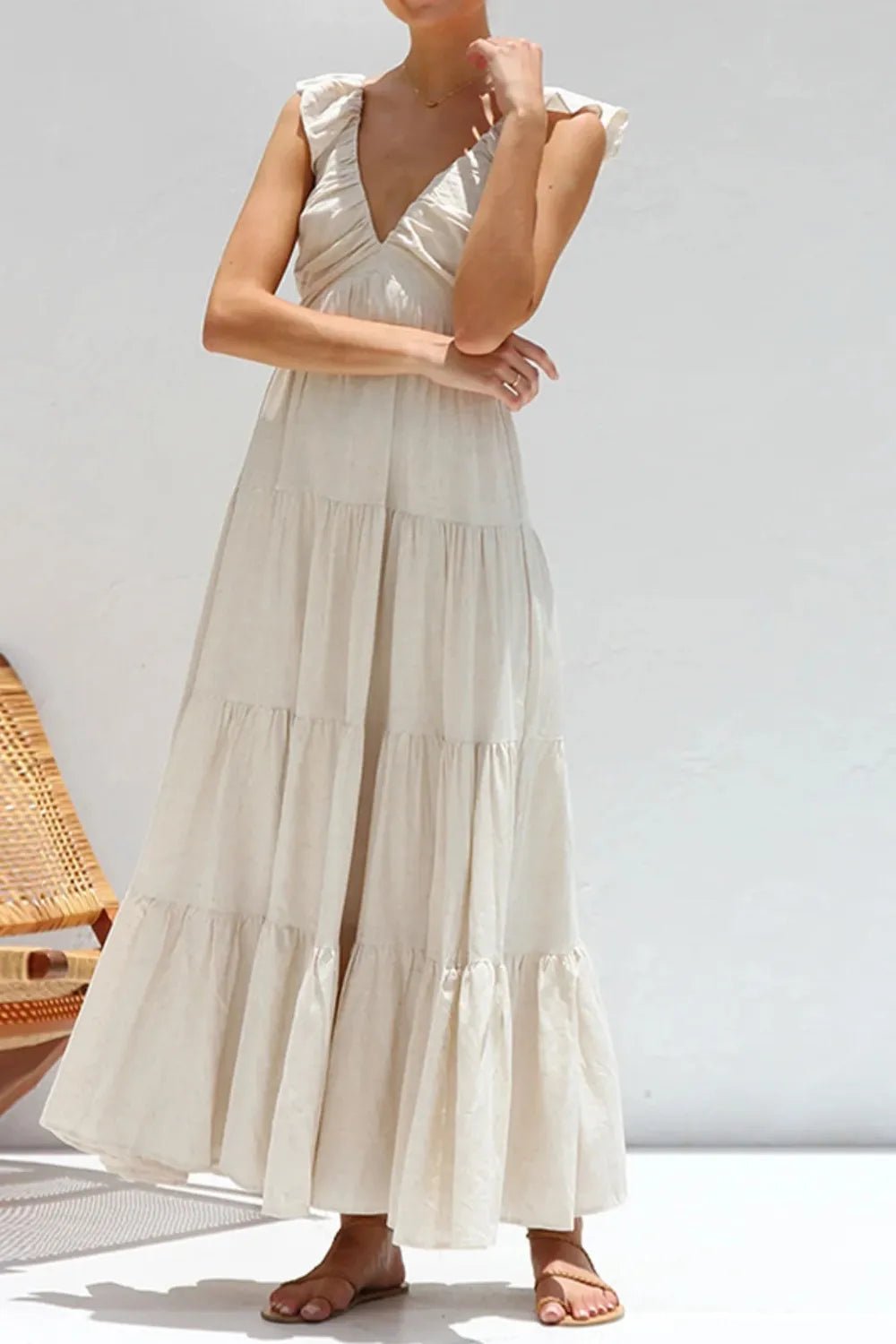 Ruffled V - Neck Tiered Dress - adritiX