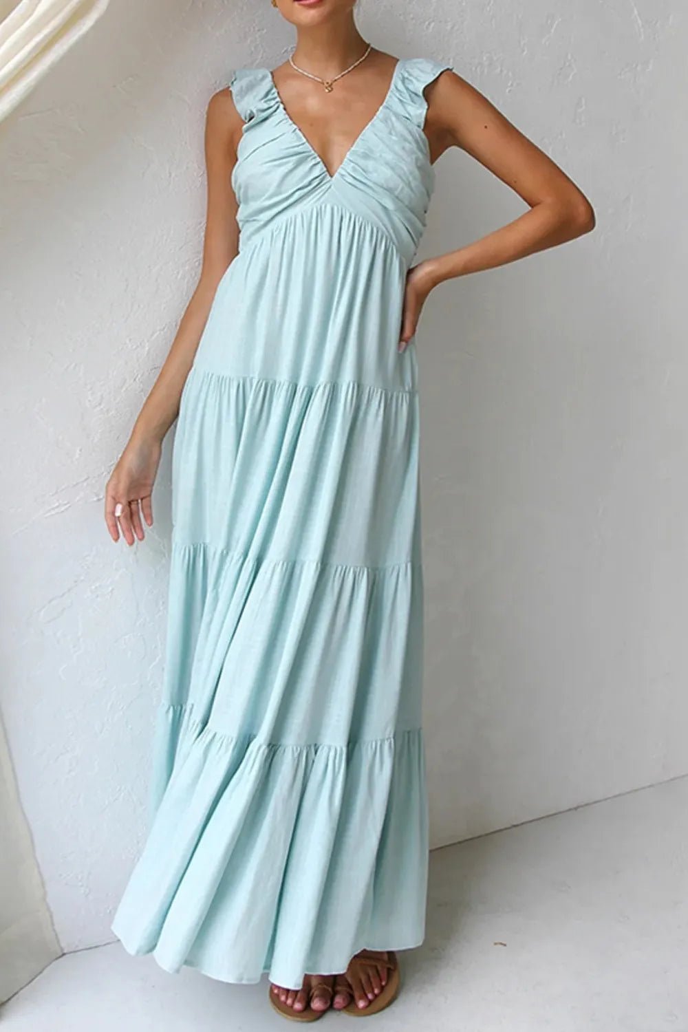 Ruffled V - Neck Tiered Dress - adritiX