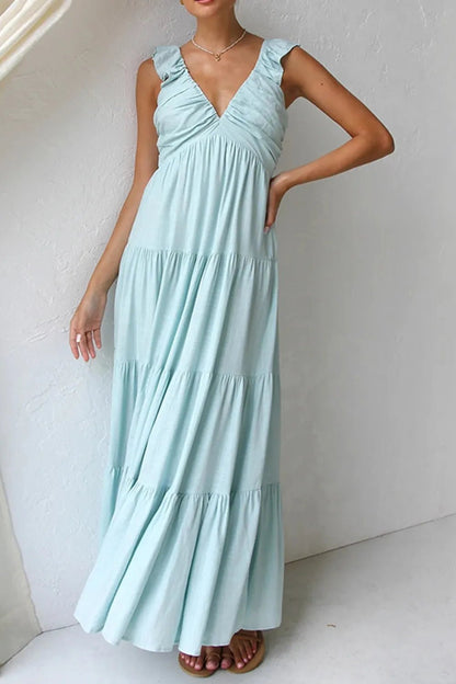 Ruffled V - Neck Tiered Dress - adritiX