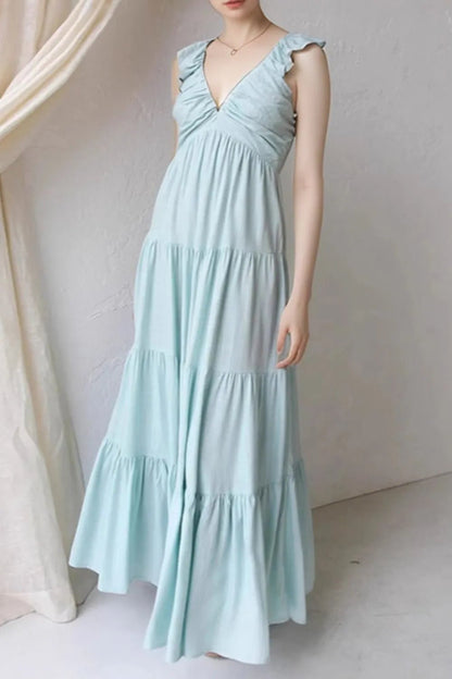 Ruffled V - Neck Tiered Dress - adritiX
