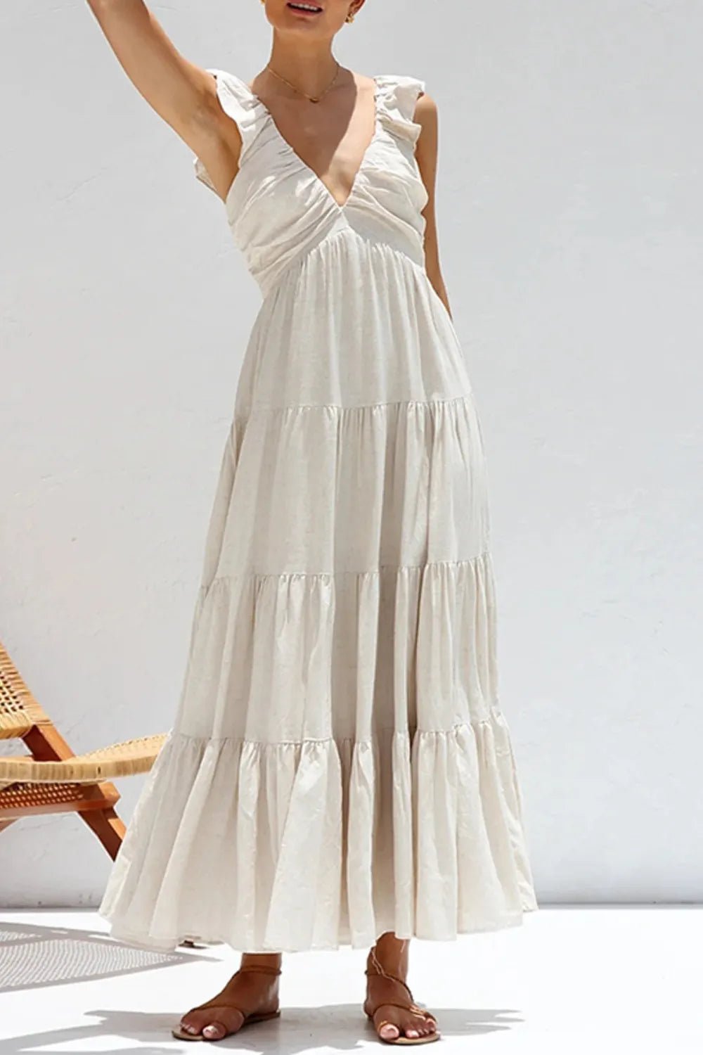 Ruffled V - Neck Tiered Dress - adritiX