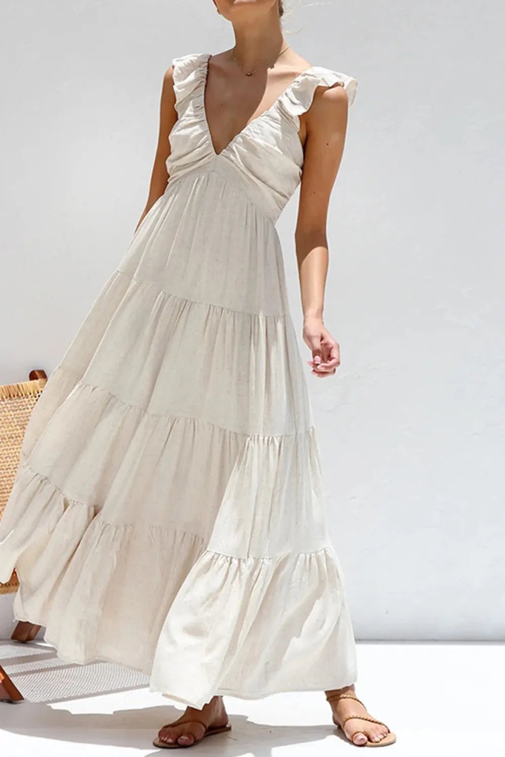 Ruffled V - Neck Tiered Dress - adritiX