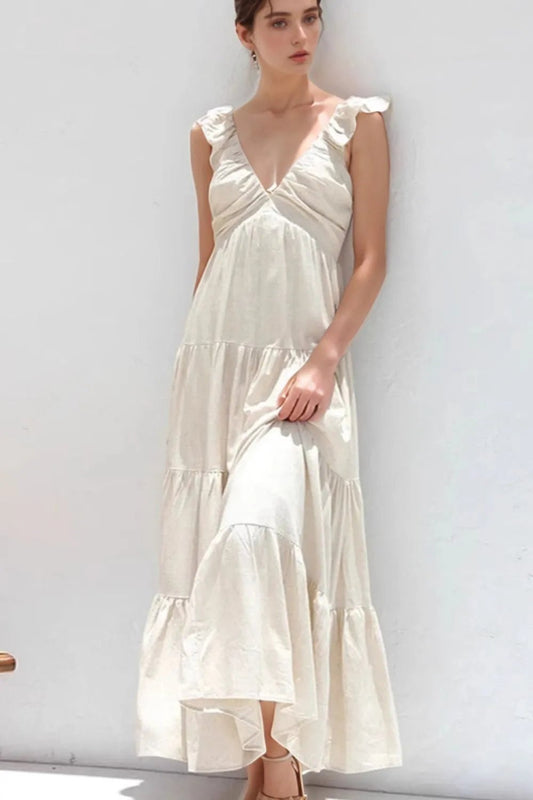 Ruffled V - Neck Tiered Dress - adritiX