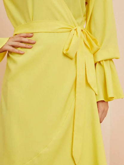 Ruffled Wrap Maxi Dress with Bell Sleeves - adritiX