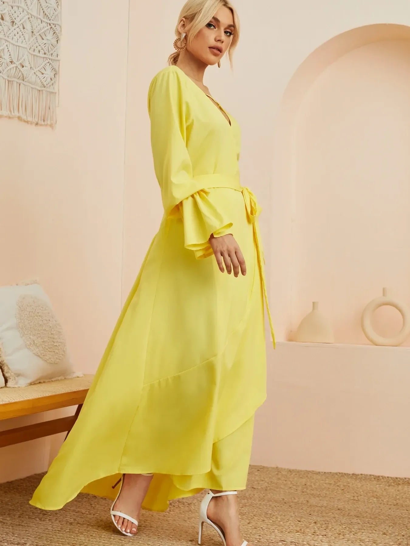 Ruffled Wrap Maxi Dress with Bell Sleeves - adritiX