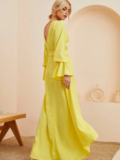 Ruffled Wrap Maxi Dress with Bell Sleeves - adritiX