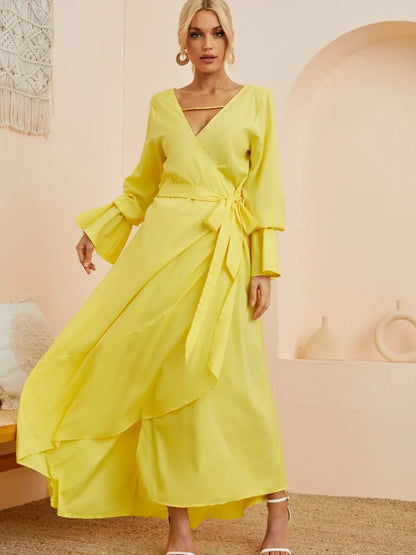 Ruffled Wrap Maxi Dress with Bell Sleeves - adritiX