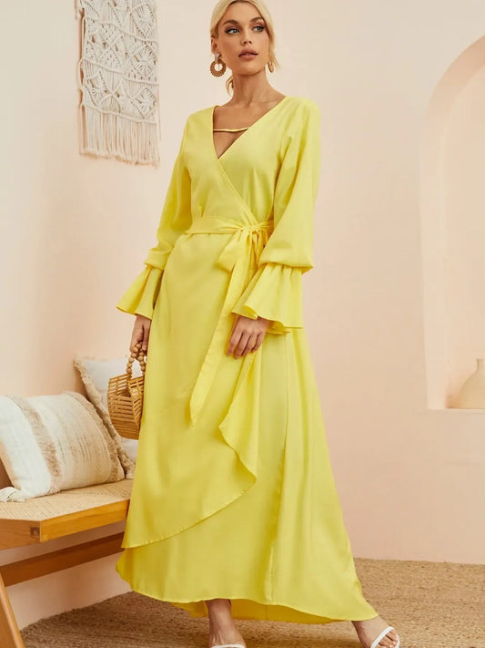 Ruffled Wrap Maxi Dress with Bell Sleeves - adritiX