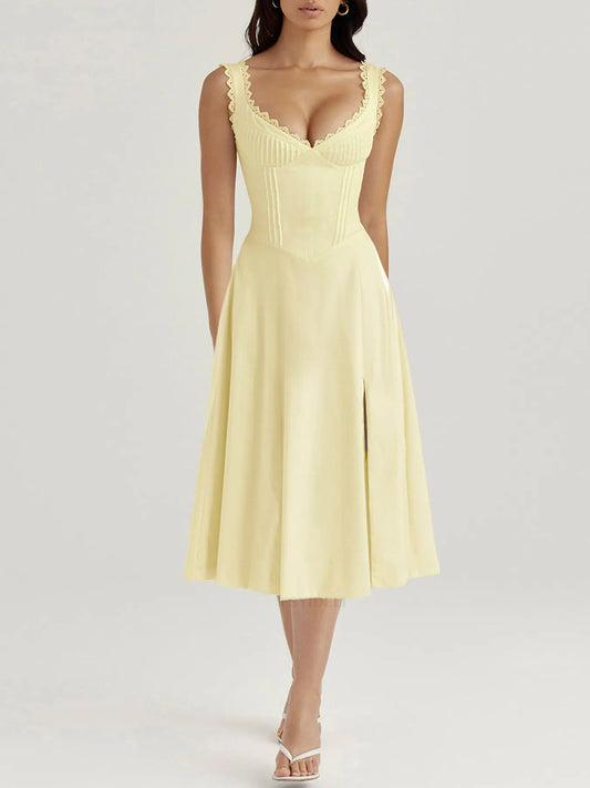 Scalloped V - Neck Midi Dress with Back Lace - Up - adritiX