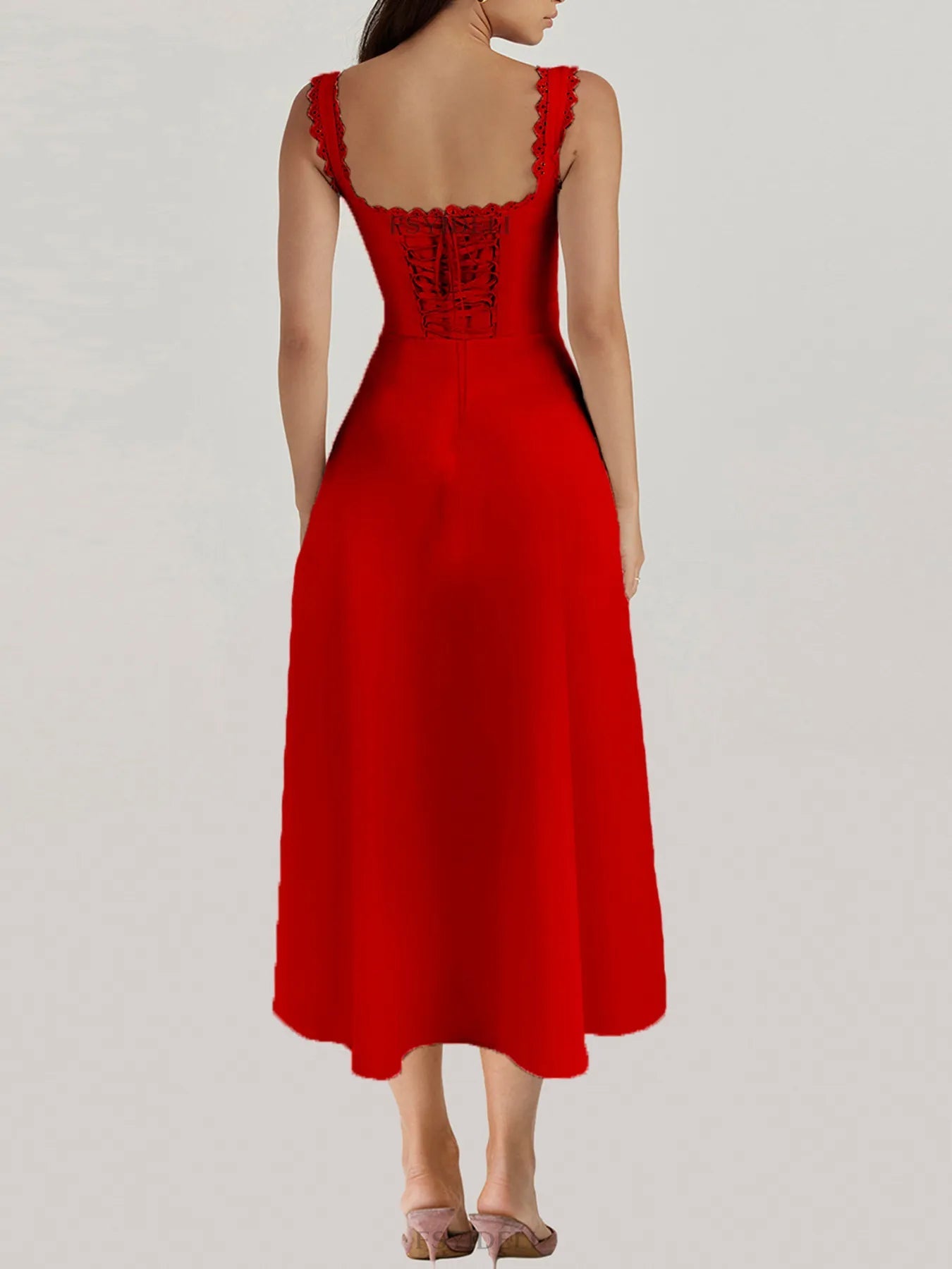 Scalloped V - Neck Midi Dress with Back Lace - Up - adritiX