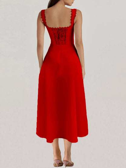 Scalloped V - Neck Midi Dress with Back Lace - Up - adritiX