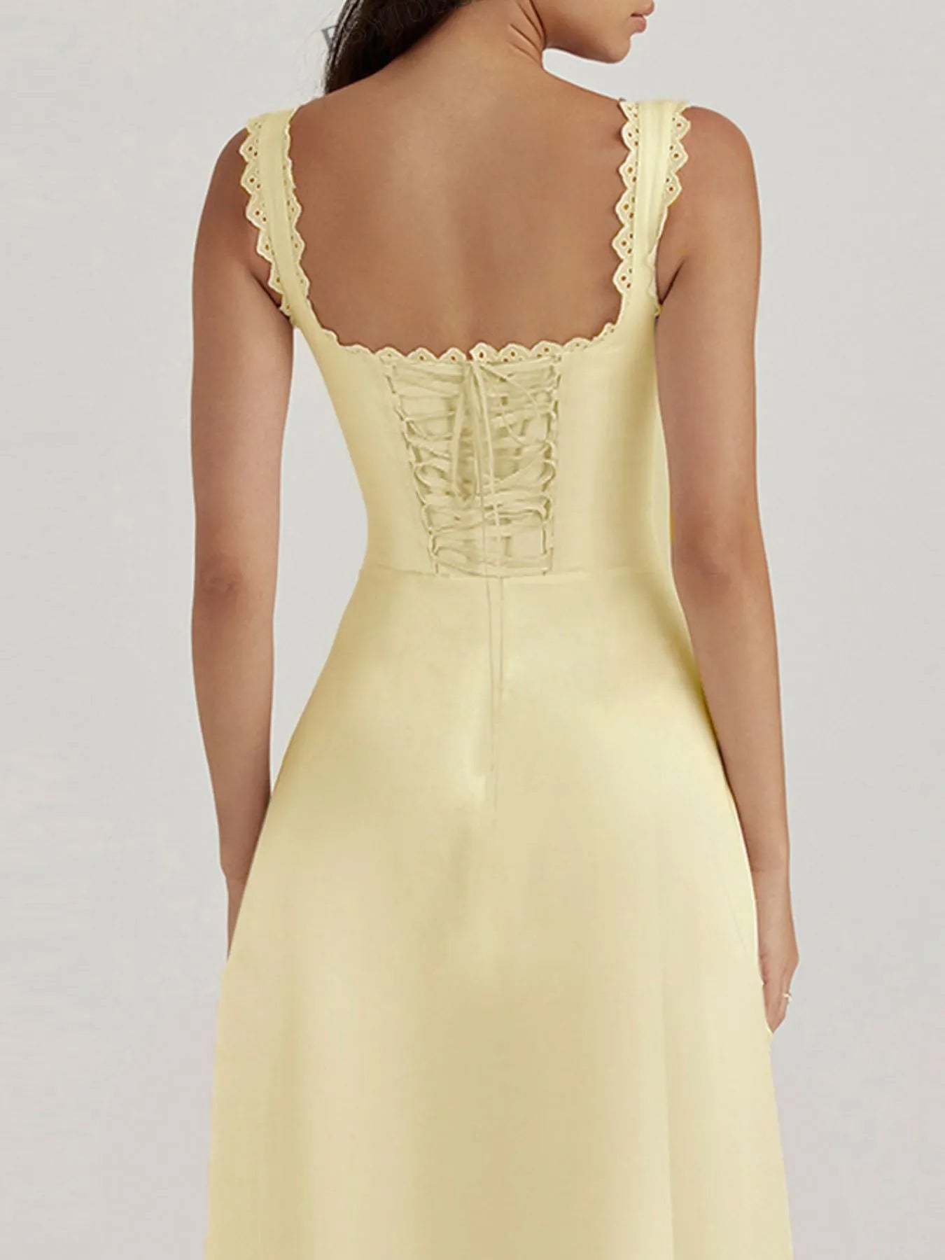 Scalloped V - Neck Midi Dress with Back Lace - Up - adritiX