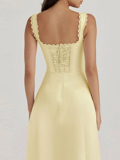 Scalloped V - Neck Midi Dress with Back Lace - Up - adritiX