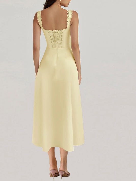 Scalloped V - Neck Midi Dress with Back Lace - Up - adritiX
