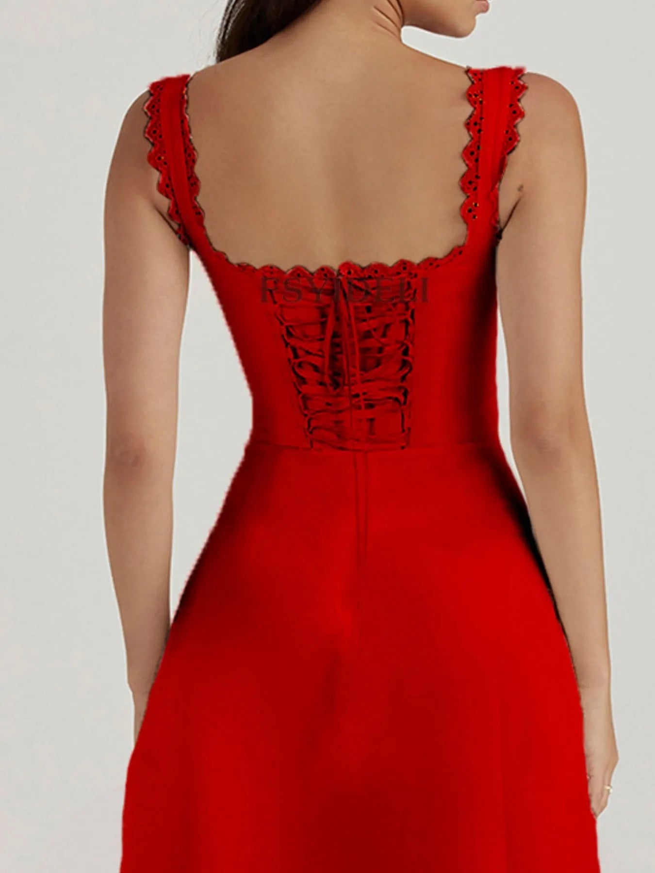 Scalloped V - Neck Midi Dress with Back Lace - Up - adritiX