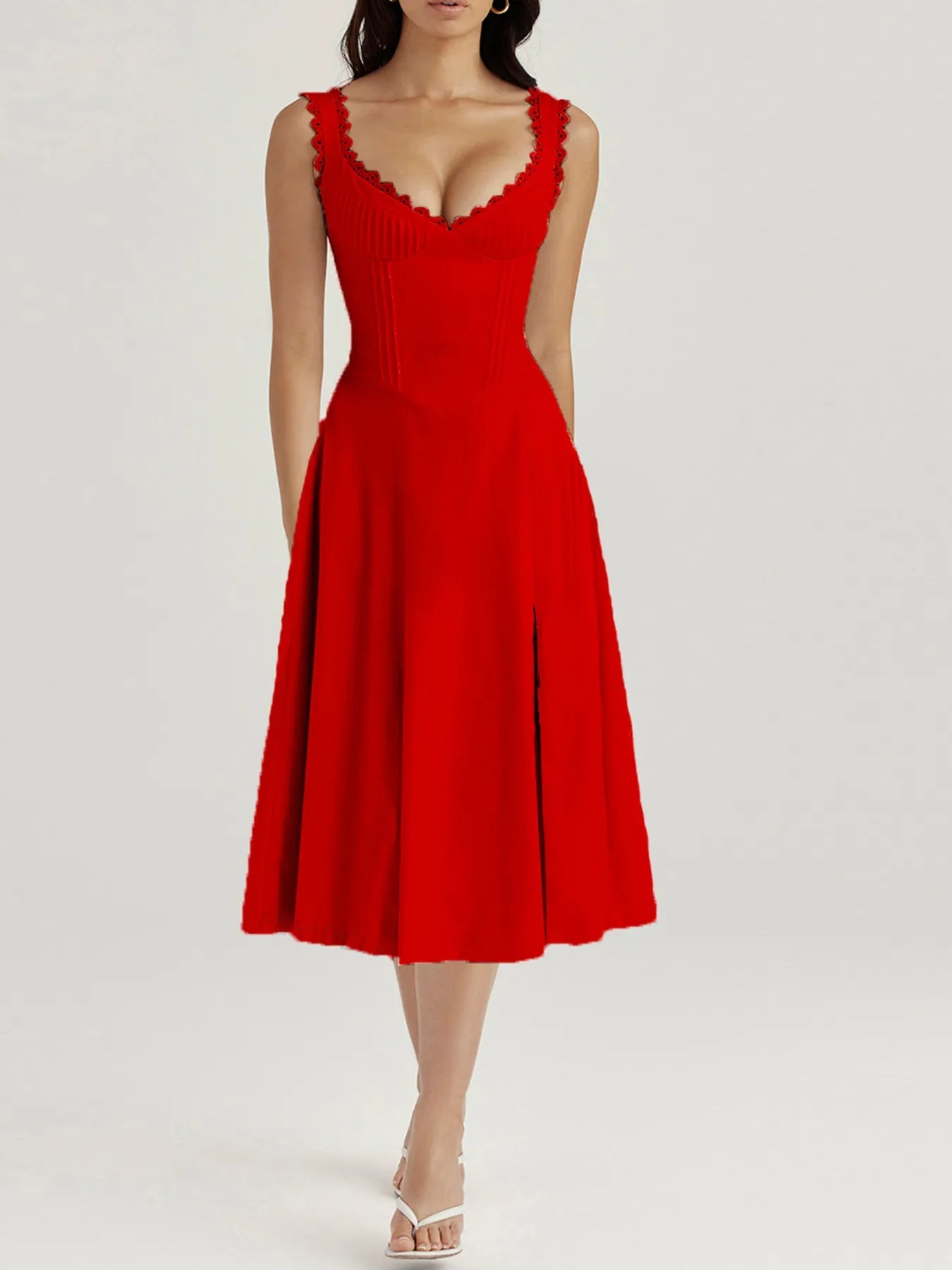 Scalloped V - Neck Midi Dress with Back Lace - Up - adritiX