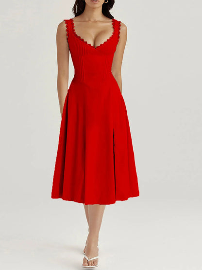 Scalloped V - Neck Midi Dress with Back Lace - Up - adritiX