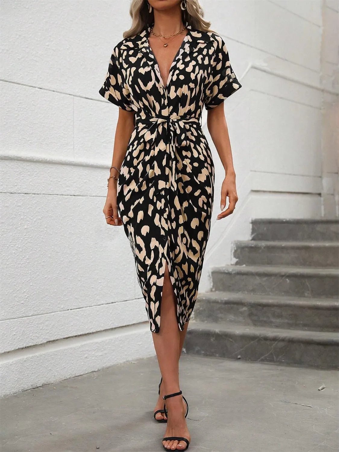 Short Sleeve Tie Waist Dress - adritiX