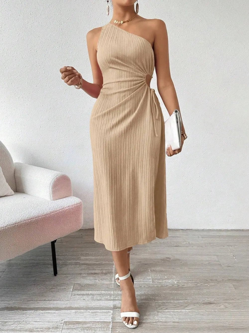 Side Slit Cutout Single Shoulder Dress - adritiX