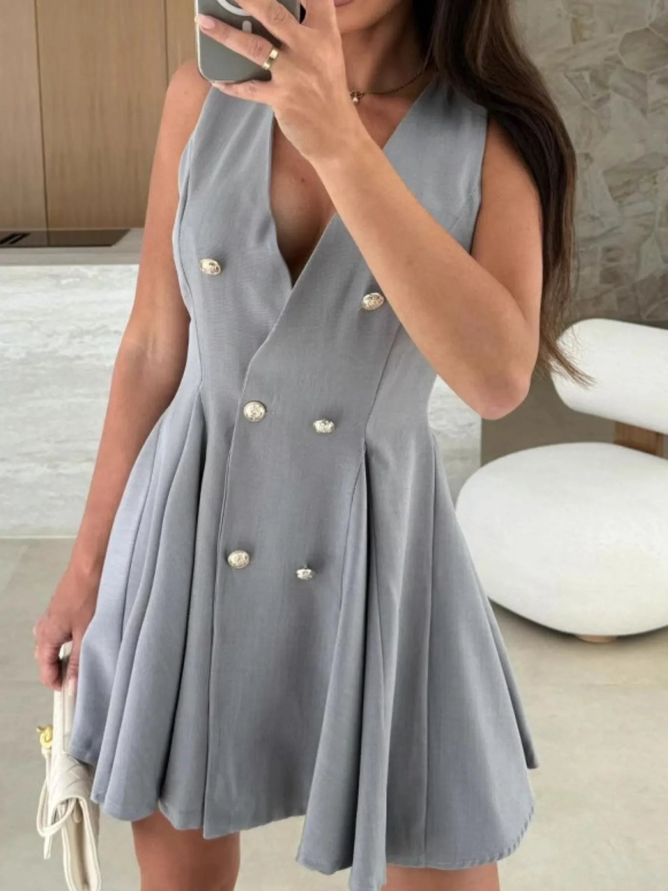 Sleeveless Double - Breasted Mini Dress - adritiX