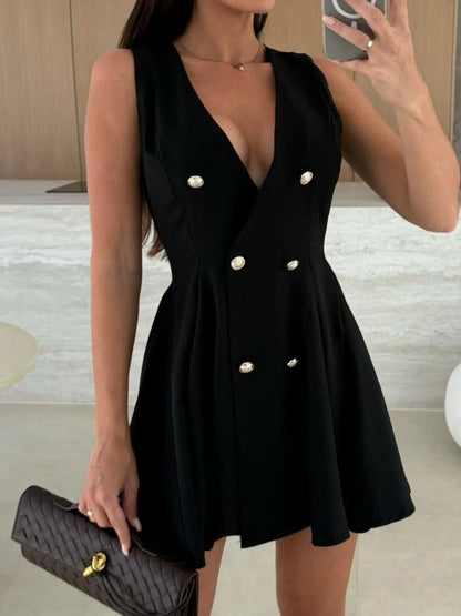 Sleeveless Double - Breasted Mini Dress - adritiX