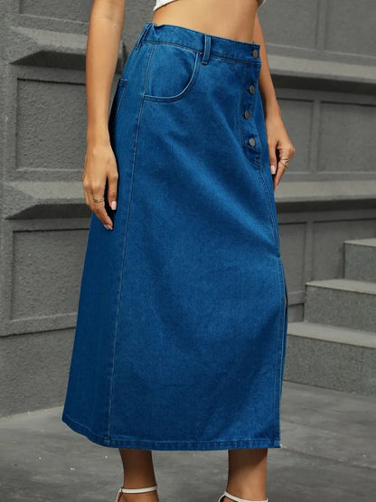 Slit Button Detail Denim Midi Skirt - adritiX