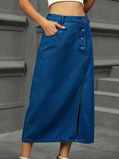 Slit Button Detail Denim Midi Skirt - adritiX
